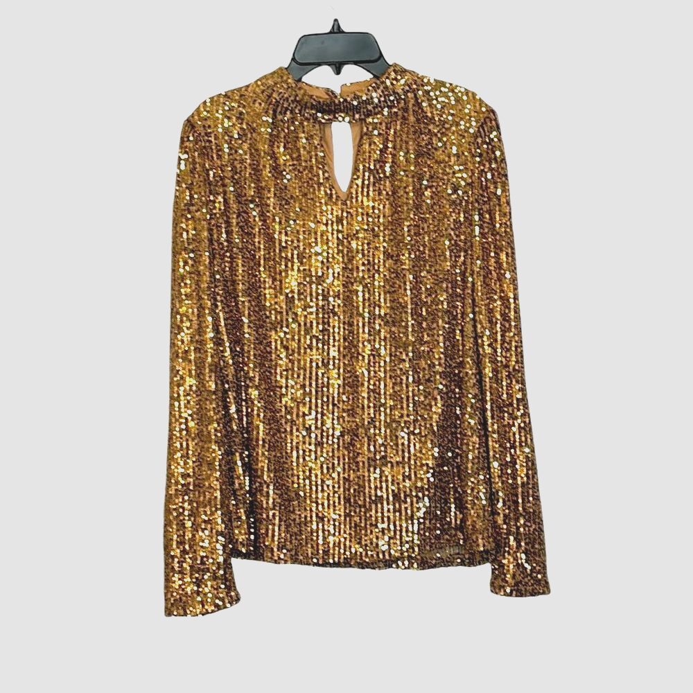 Cable & Gauge | Gold Sequin Puff Long Sleeve Mock neck Keyhole Blouse Shirt